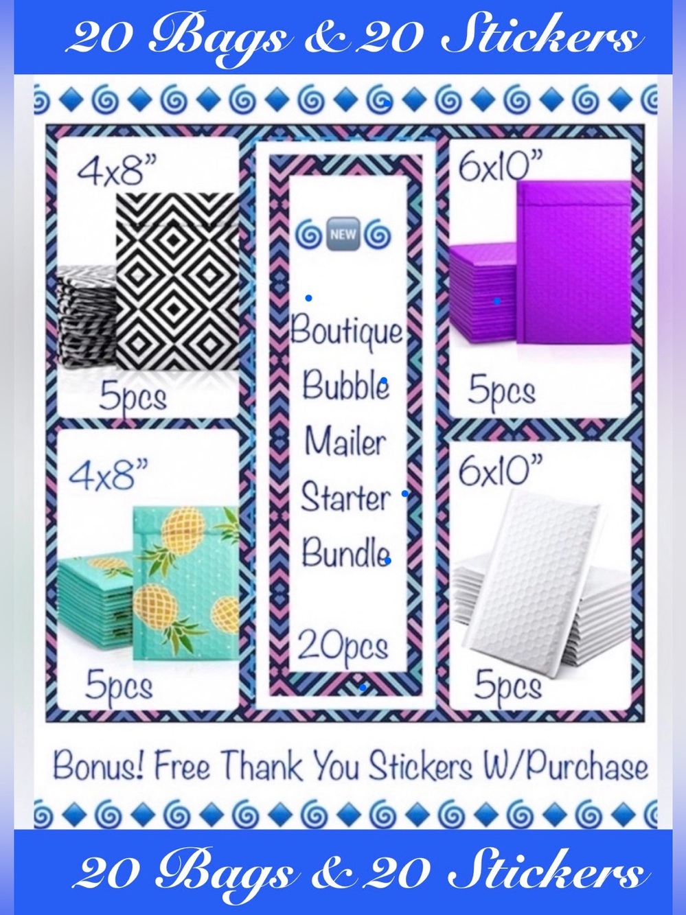 20ct Assorted Bubble Poly Mailers 🌀🆕🌀Boutique Starter Package⭐️ 20ct TY Stickers